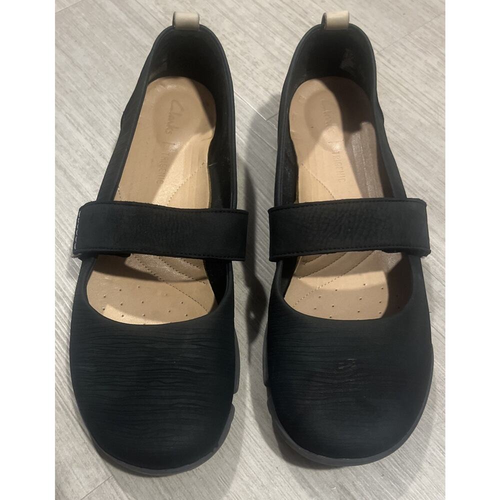Clarks Tri Carrie Mary Jane Flat Trigenic Black Nubuck Leather Comfy Sz 9.5